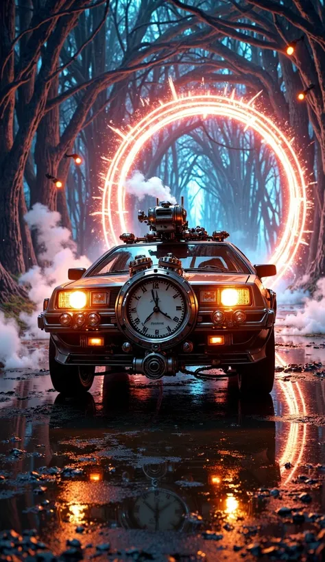 a Delorean steam car coming out of a portal. the car has a clock on its front. the portal it comes out from is magical and glows brightly.