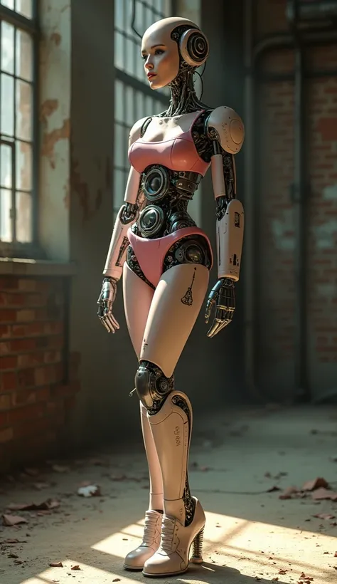 Portray a dystopian fashion model designed as a mechanical pinup doll, with visible joints and gears replacing natural limbs. Her body is perfectly posed like a vintage pinup, but her mechanical features give her an eerie, artificial feel. Medium: Digital ...