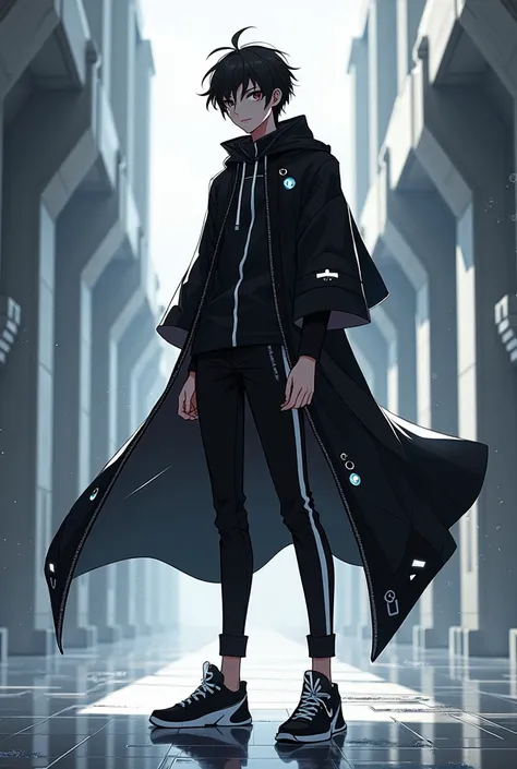 anime style, character design, teen, male, futuristic exorcist, powers to bend light and darkness, black and white as his theme colour, simplistic outfit, lean male body type