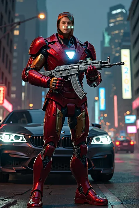 Marvel Ironman as a mafia (bloody red robotic formal suit) with diamond Ak47 and black BMW car in new York City at night with Statue of Liberty