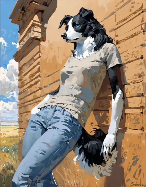 (Border Collie), solo, female, (anthro), (by seyorrol), ((intricate detailed background, prairie background, focus on cloudy sky)), (realistic shading), mysterious shadows, (epic, masterpiece, high quality, ultra HD, absurd res, top quality, best quality, ...