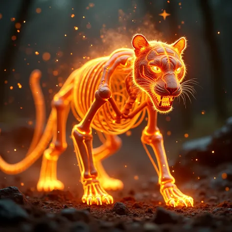 "A very stylish and dramatic tiger in full skeleton outlook in a dynamic pose, with one of its front legs extended forward as if it were ready to pounce. The tiger has a bright, fiery glow covering its body, especially its legs and face, giving it a  the i...