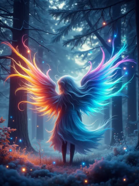 Neon，Glowing Neon, Desolate mysterious forest in fog，Beautiful girl with long white wavy hair，Stand in front，With wings，(Wings are formed by rainbow-colored Neon trails:1.3)，Surreal，fantasy，Stunning，Vision，whole body