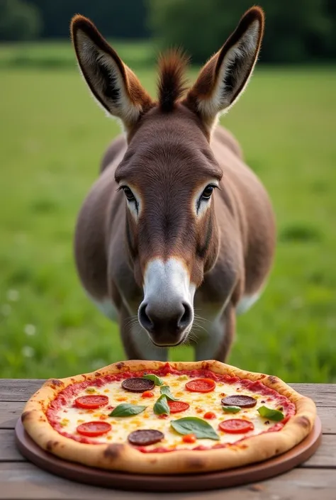 "Create a highly realistic image of a donkey and a pizza facing each other. The donkey should be in a grassy field, standing calmly with a curious expression. The pizza should be placed on a wooden table in front of the donkey, with a golden-brown crust, m...