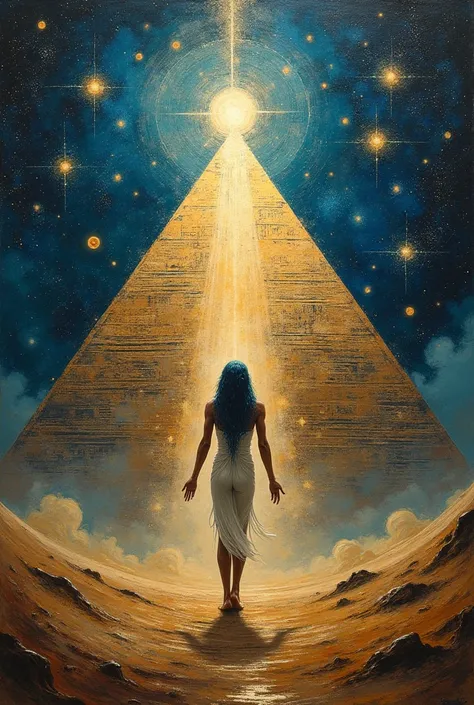 A mystical painting depicting an ancient Egyptian pharaoh’s soul ascending to the stars, with the Great Pyramid as a gateway, while the stars of Orion and Sirius guide the pharaoh on their cosmic journey to the afterlife."