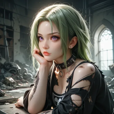 A beautiful and badass cyborg {5} woman with green hair, a straight crack from forehead to chin revealing metal, rest of the body is skin, purple eyes, realistic style, extremely gritty, full body {12}, collar, gothic clothes, destroyed background 