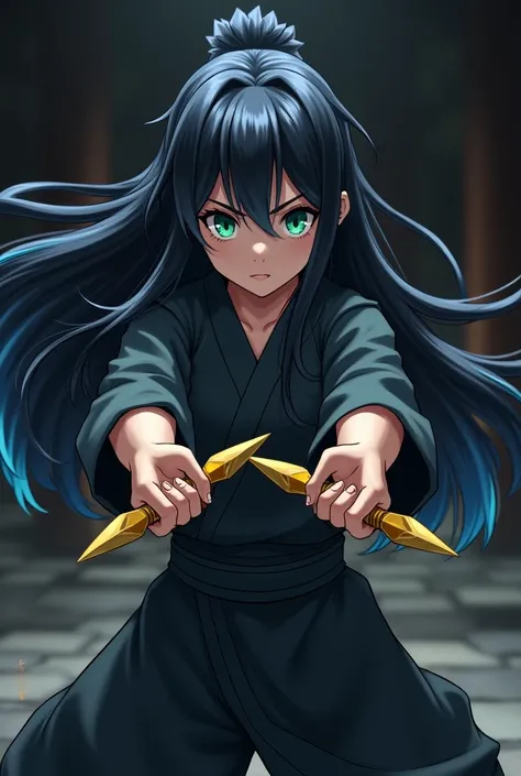 Animated woman holding two golden shuriken in her hands.  Her hair is long and black with blue highlights while one of her eyes is green and the other is blue. She is dressed in ninja mode .