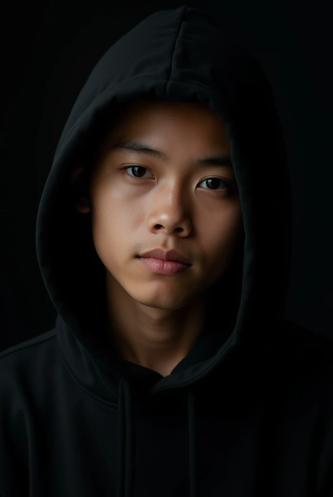 Realistic photography masterpiece, closeup photo of an Indonesian teenage boy wearing a black hoodie, posing with one eye closed, against a dark black background with a little light. Realistic, studio photo