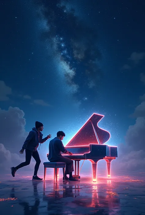 Under a beautiful starry night ,  a pianist plays with a piano of light,  hip hop dancer dances next door 