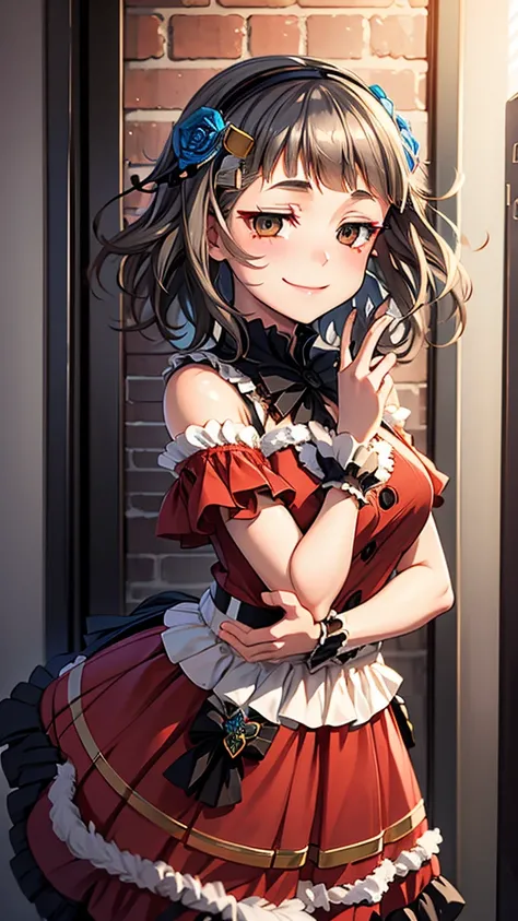 (((solo))), 1 woman, Sakuya Kurobane, sakuyaunif, kurobane_sakuya, (brown eyes), short hair, grey hair, black hairband, blue hair flower, red eyeliner, chest, blush, smile, (upper body), santa claus