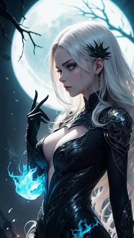 A mysterious and ethereal woman with strikingly blue glowing eyes, framed by intricate black cracks that branch across her pale, porcelain-like skin. Her hair is silvery white, styled in soft waves, contrasting the dark, sinister elements of her appearance...