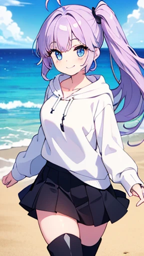 1 Girl, Solo, 18 year old Girl, (Side ponytail: 1.5, Collarbone, Light Purple Hair, Long Hair, Ahoge, Wavy Hair, Beautiful Detailed Eyes, Blue Eyes, Long Eyelashes, Big Breasts, Two Breasts), (((White Hoodie, White Sweatshirt, Black Pleated Skirt, Black Sk...