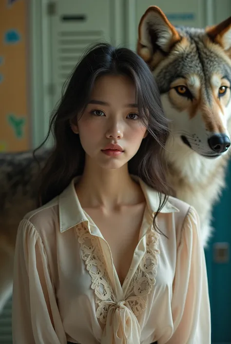 A model in a blouse with a wolf behind the 3rd year of high school 