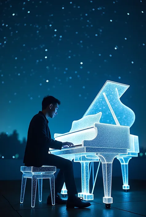 Under a beautiful starry night ,  a pianist plays with a piano of light, Hip hop dancer dances next door ultra detailed