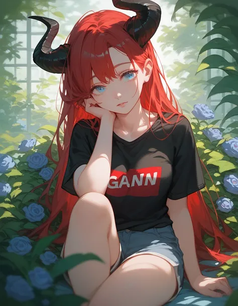 girl,Red hair,ผมgirl, in blue eyes, black-horned , wear a black t-shirt,Rubbing eyes,Dark Morning , shorts,In the botanical garden, 