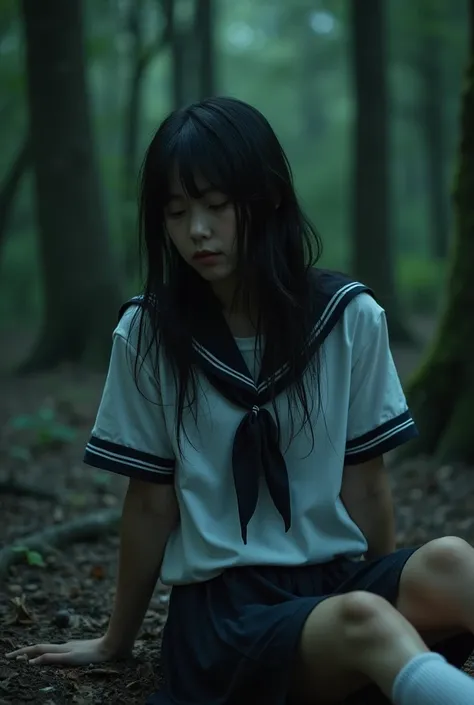 young korean girl, young lil girl, 13s, years, school girl, school uniform, in the middle of the dark forest at night, cumming pussy visible, Peeing herself and enjoying it very much , very aroused, squirting pussy, lying down, wet body, wet hair, dirty bo...