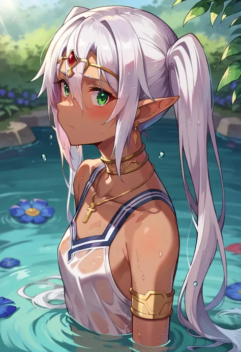 score_9, score_8_up, score_7_up, score_6_up, source anime, BREAK, frieren, nereirfpnxl, frieren, kuronagamimi, dark elf, 1girl, earrings, twintails, white hair, pointy ears, blush, solo, armlet, long hair, jewelry, outdoors, partially submerged, wet clothe...