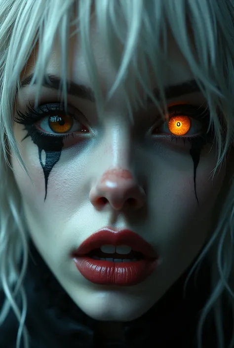 ( Close-up of a better masterpiece :1.5)0.9], (Tim Burton :1.2) (Messy silver hair :1.1) ( Heterochromia and brown eyes :1.2) (gothique :1.0) (soleil dans les yeux :1.0) (A dark glow  :1.1) ( Original thick lips  :0.9) (Imposing makeup )