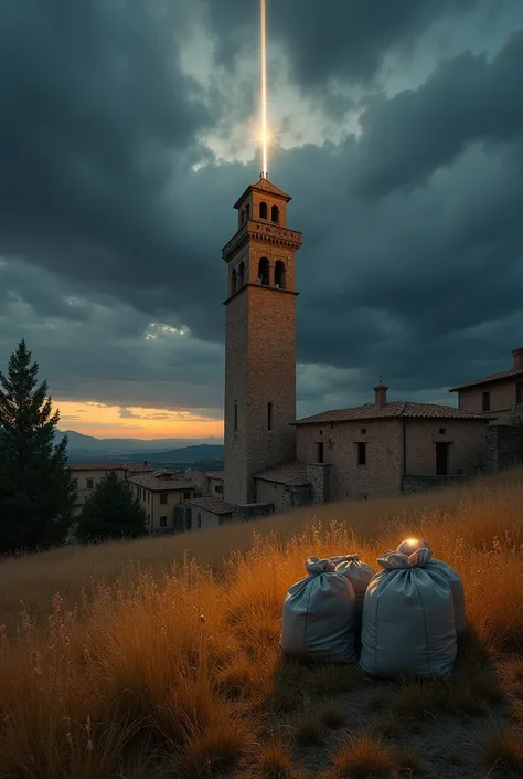 Med evel Pienza city with bags color bell tower in the background and foreground with very golden dry grass, the light insight bell tower is light up, and late evening, with dark cloud indicated the sound storm is coming, the cloud is very very heavy and d...