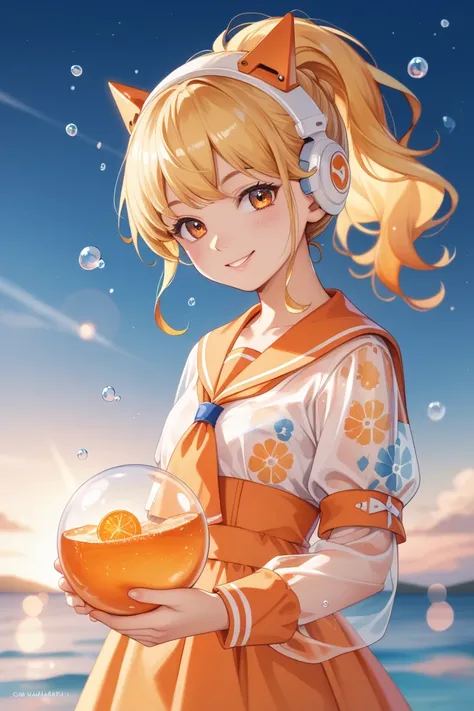  Yellow Hair Hairstyle Ponytail Headgear Orange Orange Charm Cute  （loli：1.5） Toddler beautiful flowing smile wearing light yellow jelly clothes orange element bubble sleeve holding orange juice 
（ Extremely Hazy Romantic Watercolor Painting ：1.4） （ Super ...