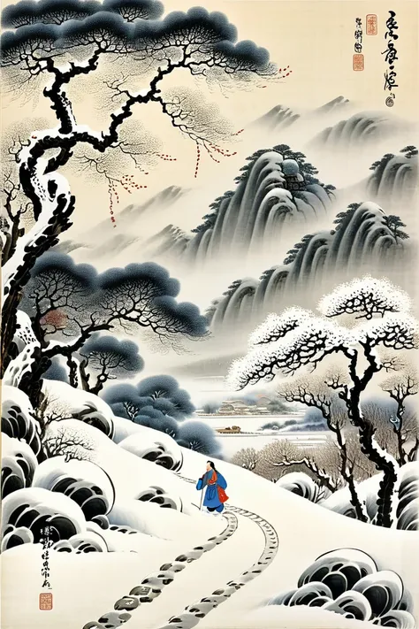 Footprints in Snow, by Song Huizong Zhao Ji, by Emperor Huizong of Song.
best quality, masterpiece, intricate details, ultra-detailed