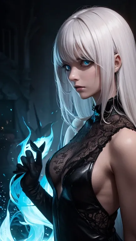 A mysterious and ethereal woman with strikingly blue glowing eyes, framed by intricate black cracks that branch across her pale, porcelain-like skin. Her hair is silvery white, styled in soft waves, contrasting the dark, sinister elements of her appearance...