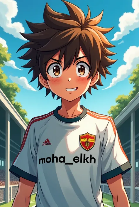 Photo de profil ado et cheveux en petard brun avec un maillot de foot écrit Moha_elkh style anime dans un décor de foot
