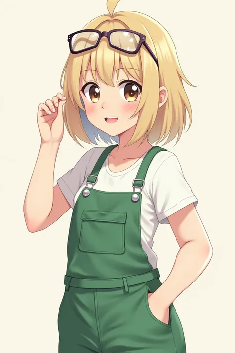 As an anime girl with short beige hair and who has glasses on her head, pale skin and who has a green overalls inside a white top