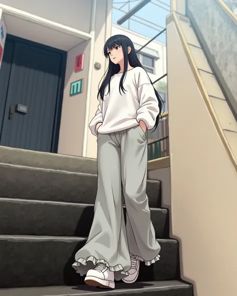 Woman standing on stairs wearing white sweatshirt and grey pants, full body!!, Chiho, 8k!!, full_body!!,  There is a woman walking down the street , japanese clothes, Frills, shikamimi, full body picture,  Profile Picture ,  Vivid !!, Big pants, Yoshitomo ...