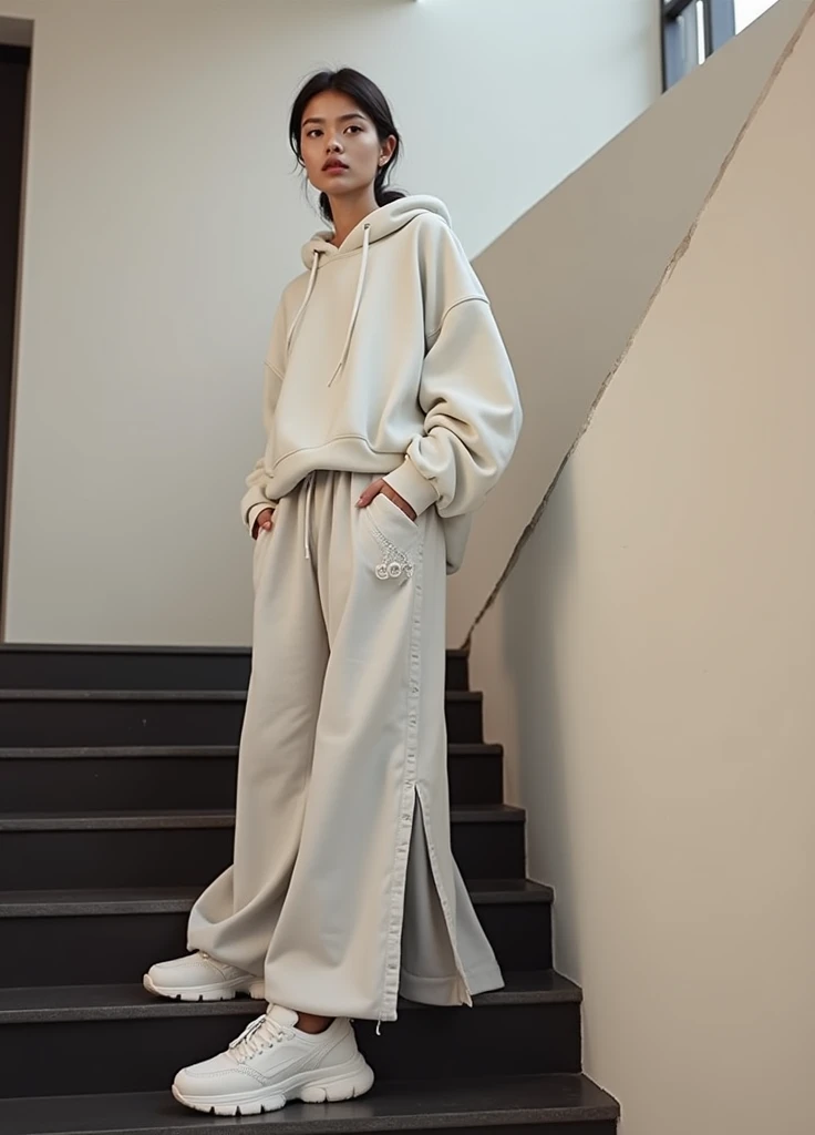  standing on stairs wearing a white sweatshirt and gray pants, Wearing a jersey, whole body!!,  Portrait of , 8k!!, Frills, Big pants, 8k)), Woman wearing a hoodie and sweatpants ,  wearing roomy pajamas, whole body picture, Wearing a tracksuit, Grey cloth...