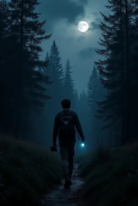 A dark, overcast night in a dense forest with faint moonlight seeping through the heavy clouds. A young man with a backpack walks cautiously along a narrow forest trail, holding a flashlight in one hand and a camera in the other. The surrounding trees loom...