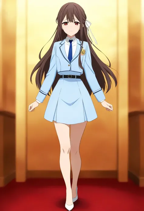 Brown Hair、 long hair、bangs、ribbon、 sad face、Red Eyes、 full body style that reflects your whole body、Normal milk、 narrow waist 、Bare legs、 in a suit、Light blue jacket, collared shirt 、 white shirt、 blue tie,belt, light blue tight skirt ,white heel pumps、An...