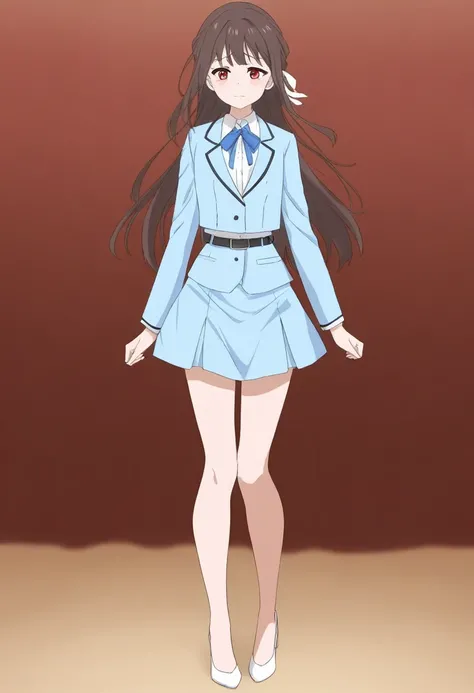 Brown Hair、 long hair、bangs、ribbon、 sad face、Red Eyes、 full body style that reflects your whole body、Normal milk、 narrow waist 、Bare legs、 in a suit、Light blue jacket, collared shirt 、 white shirt、 blue tie,belt, light blue tight skirt ,white heel pumps、An...