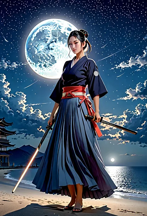  Generate an image of a 31 year old, beautiful woman, ponytail hairstyle, black hair, relaxed happy face ((slender)) (busty) (big breast) (big ass), ((( kendo clothes))) (((long skirt))) ((neat dress)), One sword shine under the moonlight, Show the tranqui...