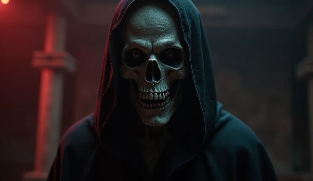 The image is a still from a movie or TV show. It shows a close-up of a persons face, which appears to be a skull-like creature with sharp teeth and a menacing expression. The person is wearing a hooded cloak with a hood that covers their head and shoulders...