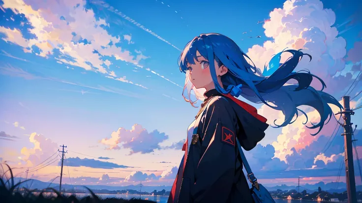 girl with long blue hair 1,Look at sky, that&#39; warped world ,from the side, blue and white only,Far Horizon,intersection,pedestrian crossing