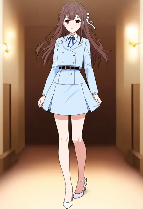 Brown Hair、 long hair、bangs、ribbon、 sad face、Red Eyes、 full body style that reflects your whole body、Normal milk、 narrow waist 、Bare legs、 in a suit、Light blue jacket, collared shirt 、 white shirt、 blue tie,belt, light blue tight skirt ,white heel pumps、An...