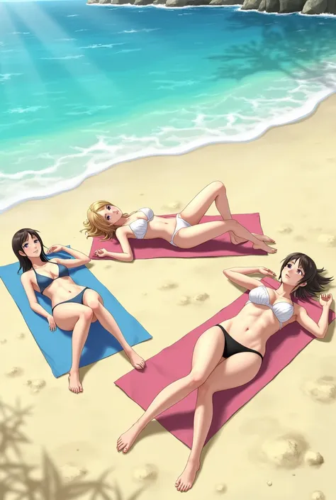 Three girls in a swimsuit of a bottom and a bra on the beach sunbathing skinny and not cartoon girls and who were anime girls and who were twisted
