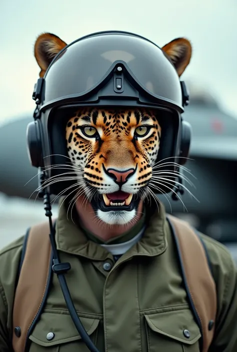  photo of a man wearing a pilots helmet and an angry leopard that merges with the helmet ,  half helmet half leopard fused to the pilot wearing a military aircraft pilots uniform, And in the background a military plane  