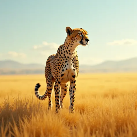 A sleek cheetah standing alert in an open grassland, its lean body tensed and its piercing eyes scanning the horizon. The golden savannah stretches endlessly under a clear blue sky.