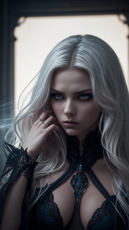 A mysterious and ethereal woman with strikingly blue glowing eyes, framed by intricate black cracks that branch across her pale, porcelain-like skin. Her hair is silvery white, styled in soft waves, contrasting the dark, sinister elements of her appearance...