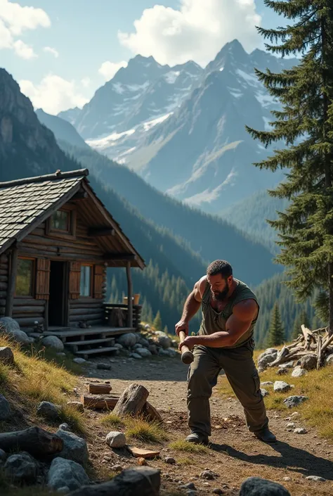 A mountain chalet, with a man chopping wood, cinematic --ar 16:9 --style raw --s 50 --sref https://s.mj.run/h__-6QDtbiE