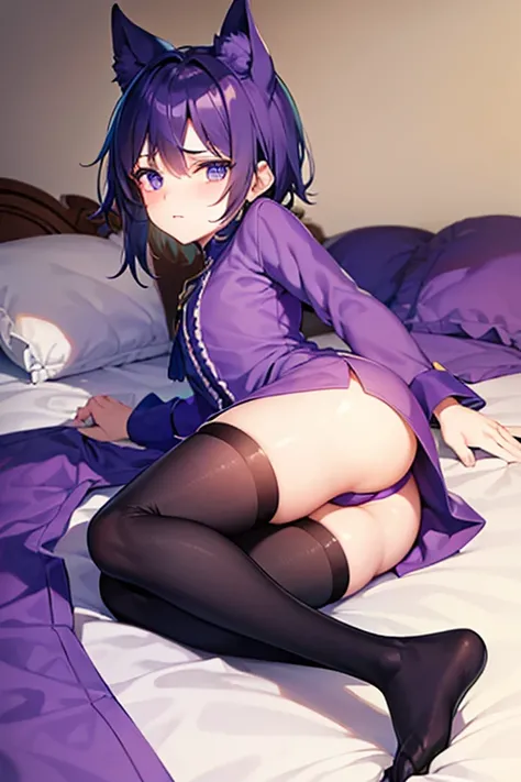 teenage boy wearing plain purple tunic and spats, on the bed, (beautiful detail eyes), (soft+cute), ((best quality)), ((masterpiece))