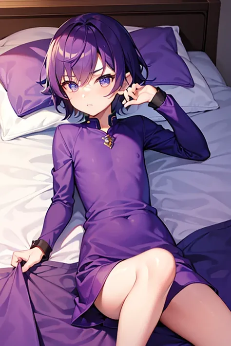 teenage boy wearing plain purple tunic and spats, on the bed, (beautiful detail eyes), (soft+cute), ((best quality)), ((masterpiece))