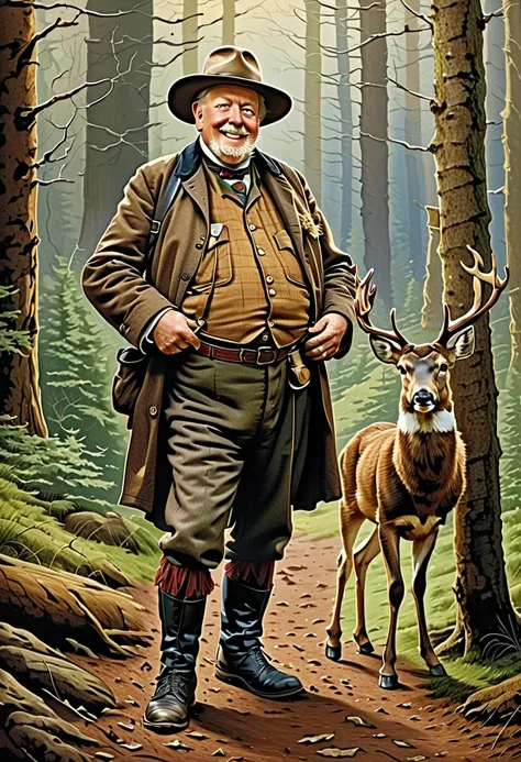 Full body view of elderly Charles Laughton As a elderly forest ranger with a tame deer next to him and a blackbird on his shoulder, smiling in a friendly manner standing in the forest, coloured drawing in the style of 1871 Punch magazine illustrations. In ...