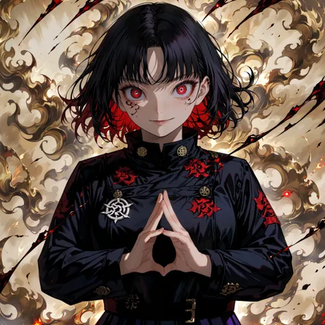 score_9, score_8_up, score_7_up, ((high_quality)), ((Super_Detailed)), (Jujutsu kaisen style, horror), (1girl, solo), (upper body, portrait), black hair, red eyes, evil smile, (black jacket, emblem), black skirt, BREAK (make hands sign of Buddhism, fingers...