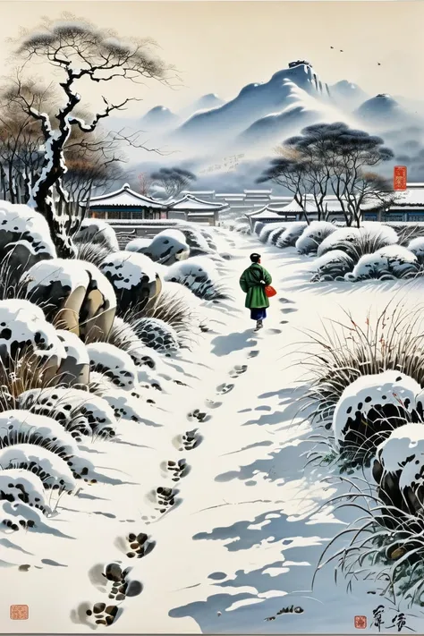 Footprints in Snow, back view, by xu beihong.
best quality, masterpiece, intricate details, ultra-detailed