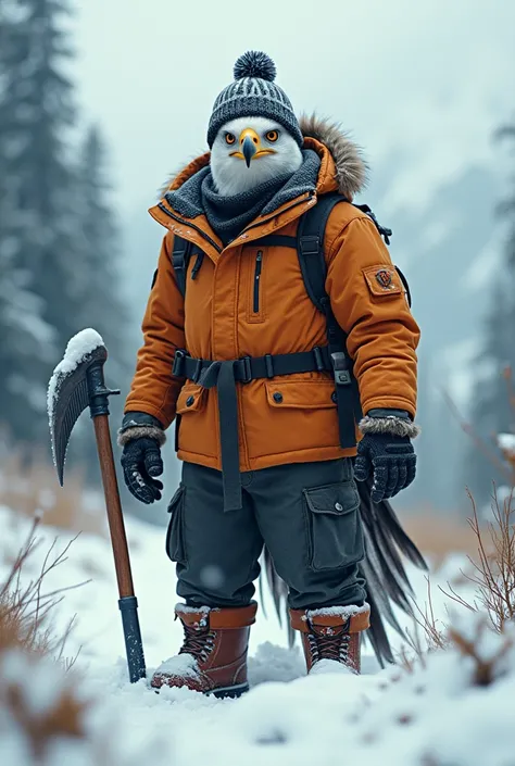 A strange image combining different display styles, a very serious and courageous anthropomorphic humanoid eagle stands in the mountains in winter among the snow dressed in a warm winter jacket, winter hat, winter warm pants and winter boots, winter, snow ...