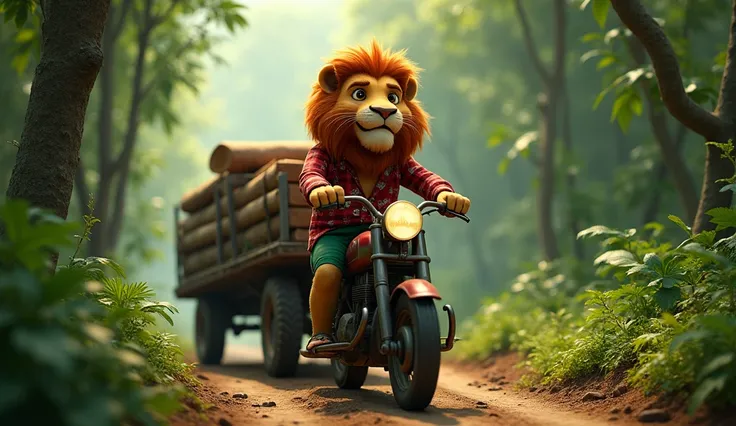 "A young lion named Raju. Raju is wearing a red checked shirt with a flower print and green pants. Raju have large fluffy fur with very detailed realistic hair style,Raju is driving a truck loaded with logs. The truck is traveling through a jungle road sur...