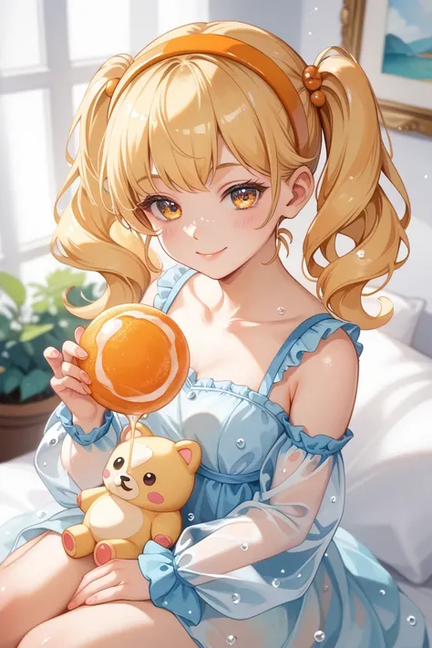  Yellow Hair （twintails：1.4） Headpiece Orange Hairband Cute （loil ：1.4）Toddler Beautiful Flowing Eyes Light Yellow Smile Wearing Light Yellow Jelly Orange Element Sparkling Bubble Sleeve Holding Orange Juice （ Extremely Hazy Romantic Watercolor Painting ：1...